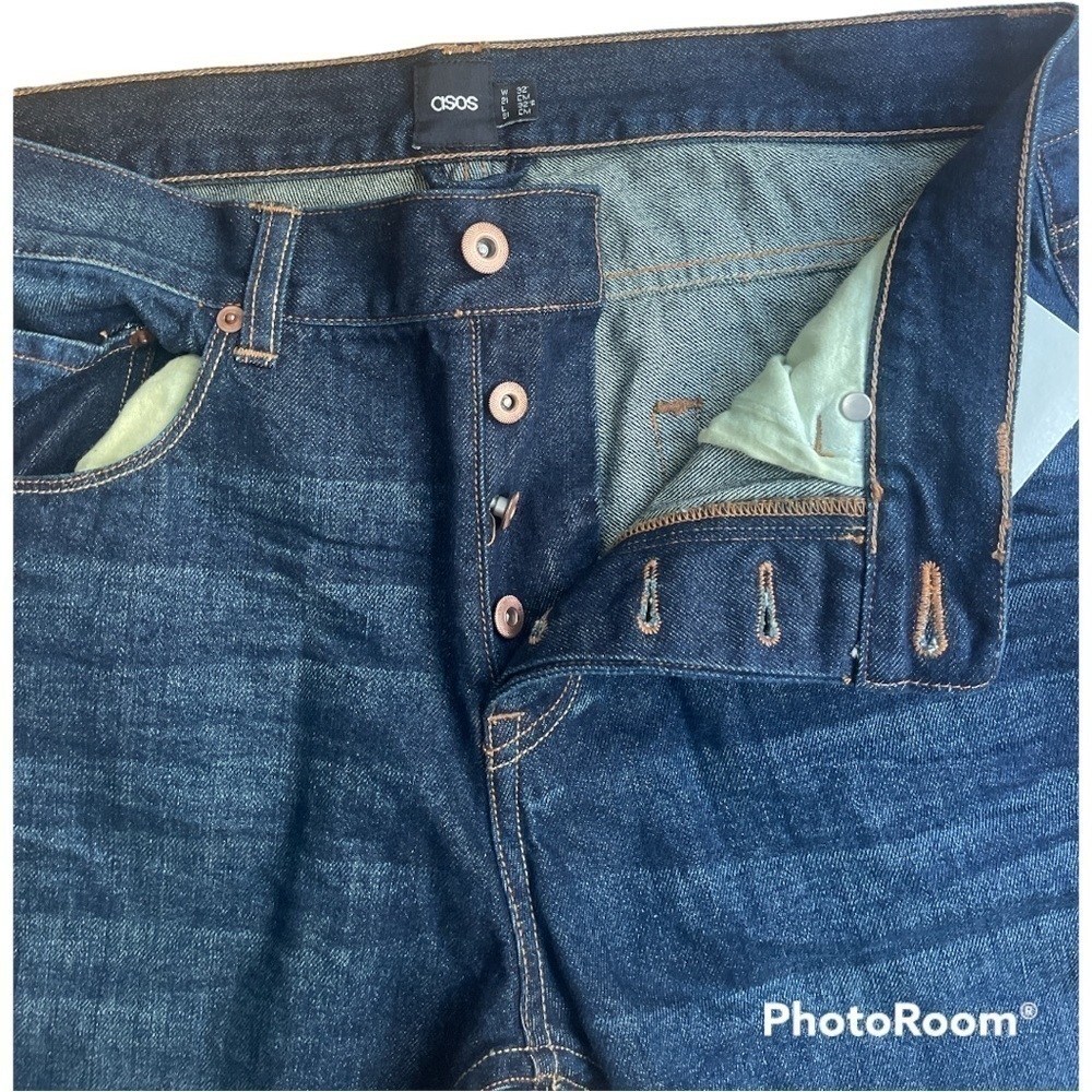 ASOS Dark Blue Wash Distressed Jeans Men’s 32x32 Button Fly Cotton Denim NWT - Picture 4 of 10
